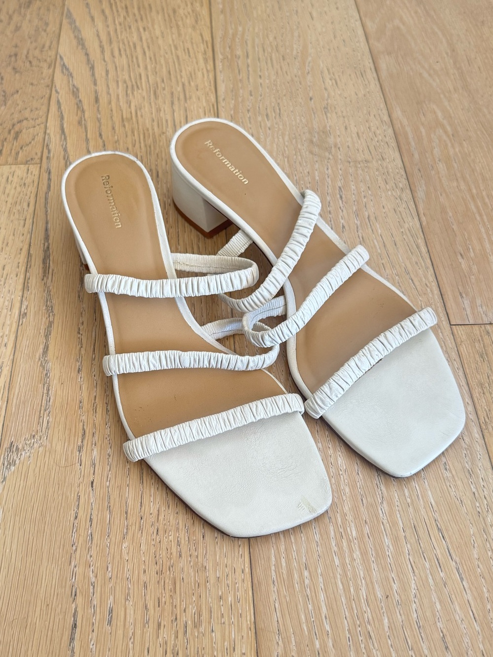 Reformation Assunta White Ruched Strap Block Heel Sandal